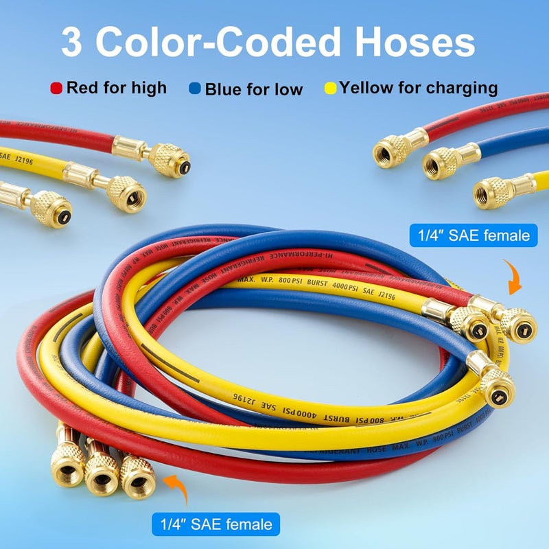 Tigbear AC Manifold Hose Set, 22985 Plus II Manifold Kit with 1/4 SAE, 4 Layer Vacuum Refrigerant Hose 800 PSI Working Pressure, 6FT A/C Charging Kit (72'') - Image 2